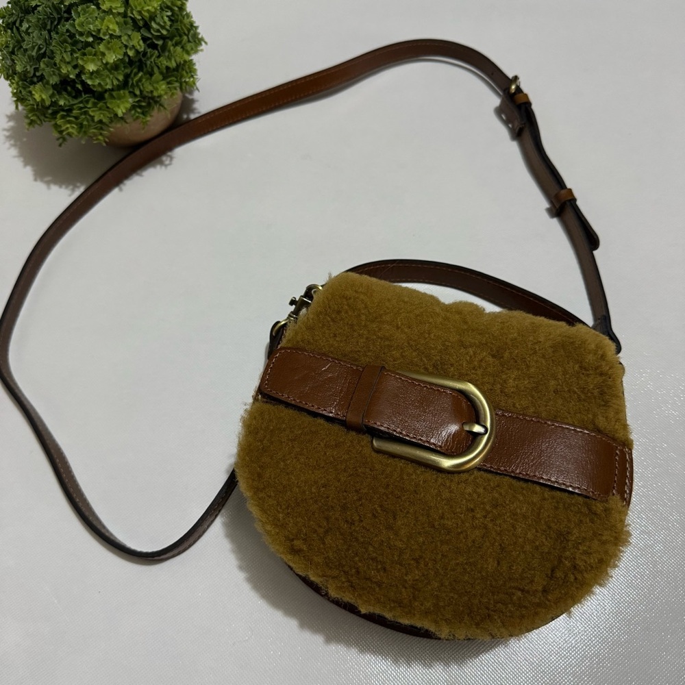 Patricia Nash Annfield Brown Leather Shearling Saddlebag‎ Crossbody Purse Bag